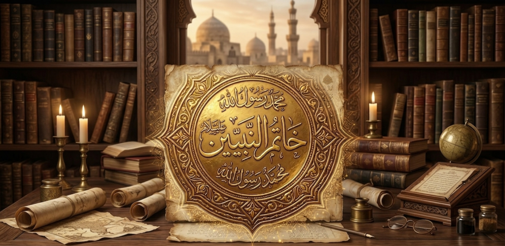 Et gyldent segl med arabisk skrift på gammelt pergamentpapir, placeret på et skrivebord med antikke bøger og udsigt til en moské. Hvad er forskellen på en profet og et sendebud?