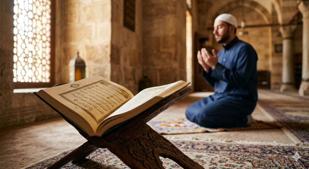 En åben Koran med arabisk kalligrafi hviler på et træstativ med en bedende muslim i den slørede baggrund. Symbol på spirituel fordybelse i islam.