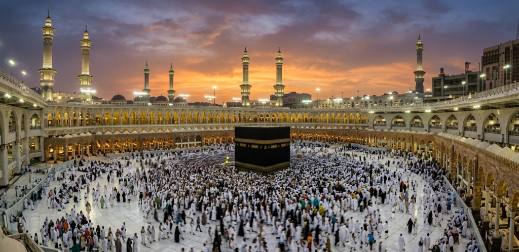 Tusindvis af muslimske pilgrimme går rundt om Kabaen i Masjid al-Haram-moskeen i Mekka under solnedgang. Kabaen er centrum for bøn i islam.