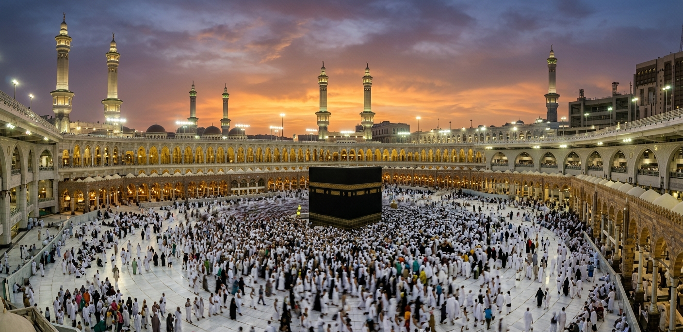 Tusindvis af muslimske pilgrimme går rundt om Kabaen i Masjid al-Haram-moskeen i Mekka under solnedgang. Kabaen er centrum for bøn i islam. Læs mere om 10 ting du skal vide om islam.