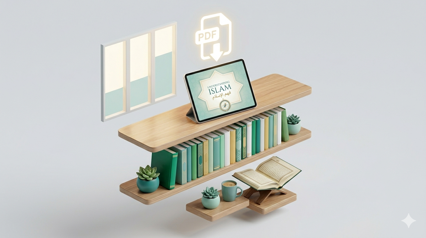 3D-illustration af en svævende bogreol med islamiske bøger og et lysende PDF-download ikon.