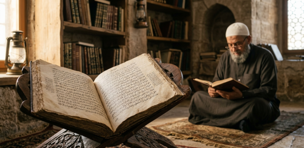Et gammelt arabisk manuskript med Hadith-beretninger ligger på et træstativ (rehal), oplyst af et varmt lys. I baggrunden ses en sløret islamisk lærd i et bibliotek. Symbol på studiet af Profetens tradition (Sunnah). Sunnah hjælper med at forstå hvad er islam.