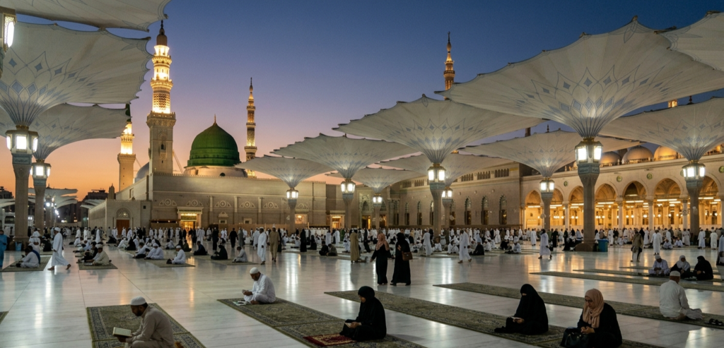 Fredfyldt stemning i Profetens Moské (Masjid an-Nabawi) i Medina ved skumringstid. Billedet viser de store paraplyer, pilgrimme og den ikoniske grønne kuppel, der markerer Profeten Muhammeds grav.