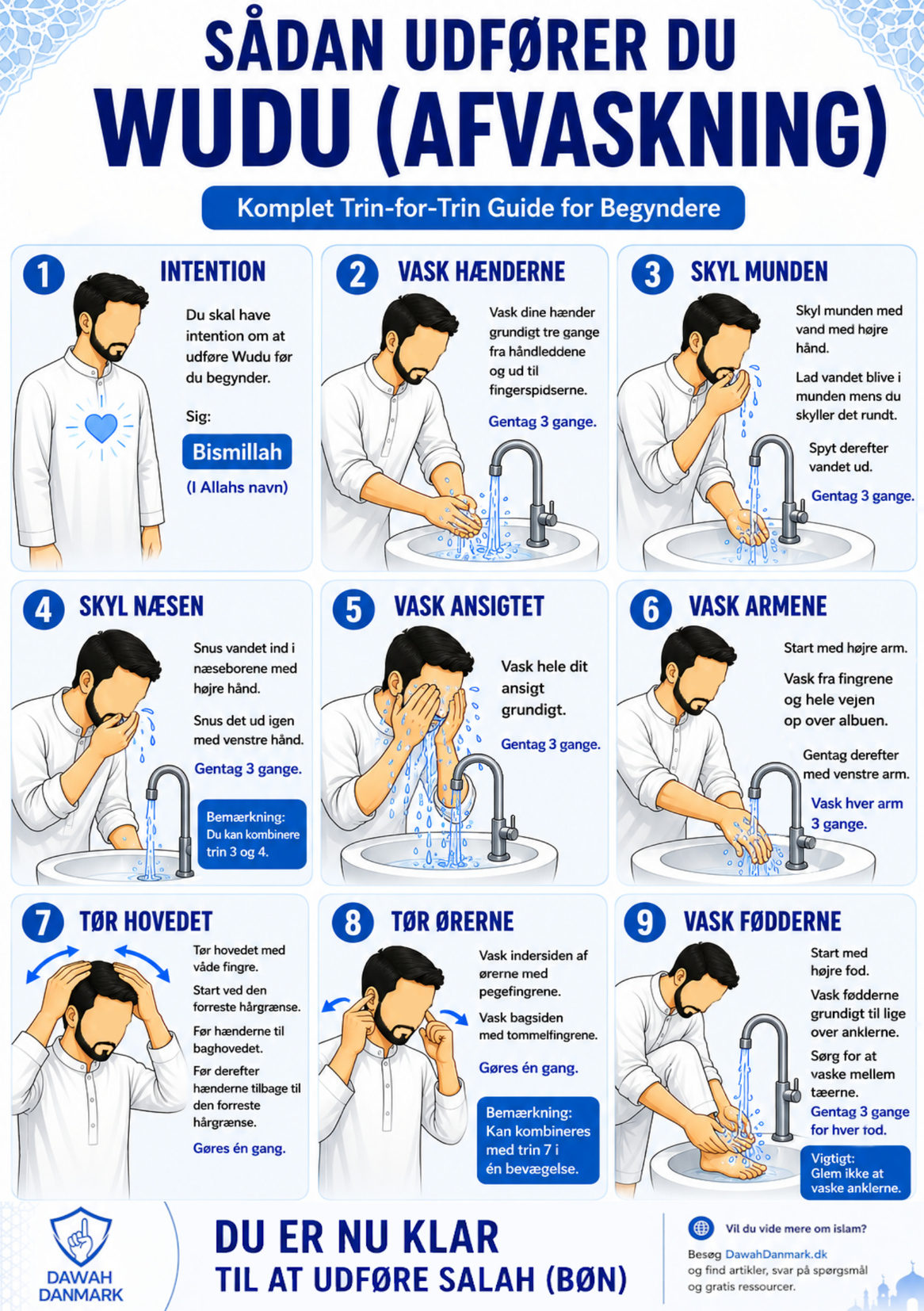 dawah-danmark-gratis-bøger-om-islam-wudu-guide Gratis PNG-guide til Wudu (rituel renselse) udgivet af Dawah Danmark. Denne praktiske trin-for-trin guide forklarer, hvordan man udfører den islamiske afvaskning korrekt før Salah. Guiden gennemgår alle de nødvendige trin i Wudu, herunder vask af hænder, mund, næse, ansigt, arme, aftørring af hovedet og vask af fødder. Med illustrationer, klare forklaringer og letforståelig vejledning er denne guide særligt velegnet til nye muslimer, konvertitter, børn og begyndere. Wudu er en vigtig del af den islamiske tilbedelse, og denne guide hjælper læseren med at forstå både den praktiske udførelse og betydningen af rituel renselse før bøn. Guiden er udviklet af Dawah Danmark som en del af organisationens mission om at tilbyde gratis islamiske ressourcer, PDF-bøger og undervisningsmaterialer på dansk til muslimer og alle, der ønsker at lære mere om islam.